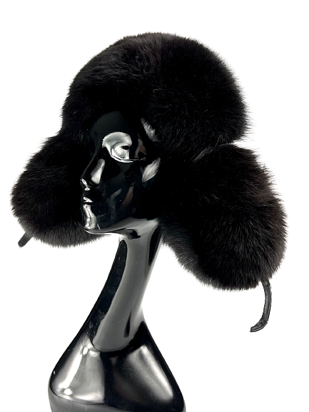 Black men's hat with natural fur and leather