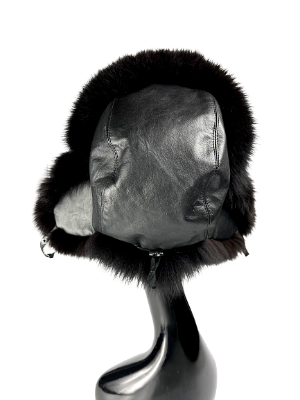 Black men's hat with natural fur and leather