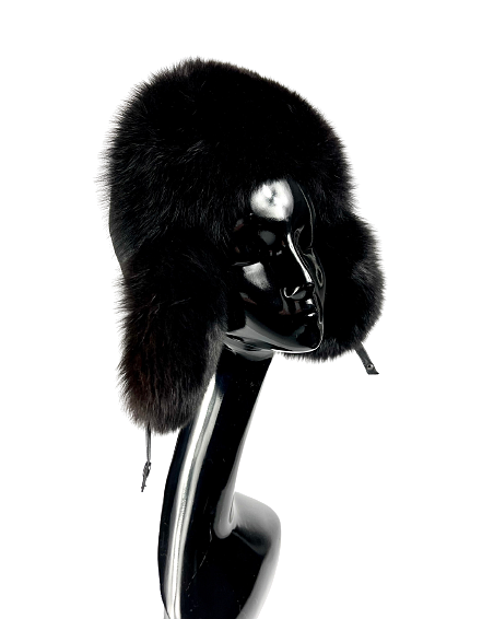 Black men's hat with natural fur and leather