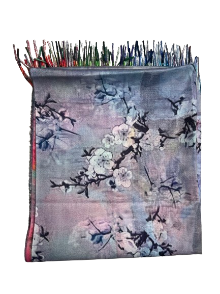 Two-sided cashmere shawl with motifs from the painting by V. van Gogh "Woman and cherry blossoms"