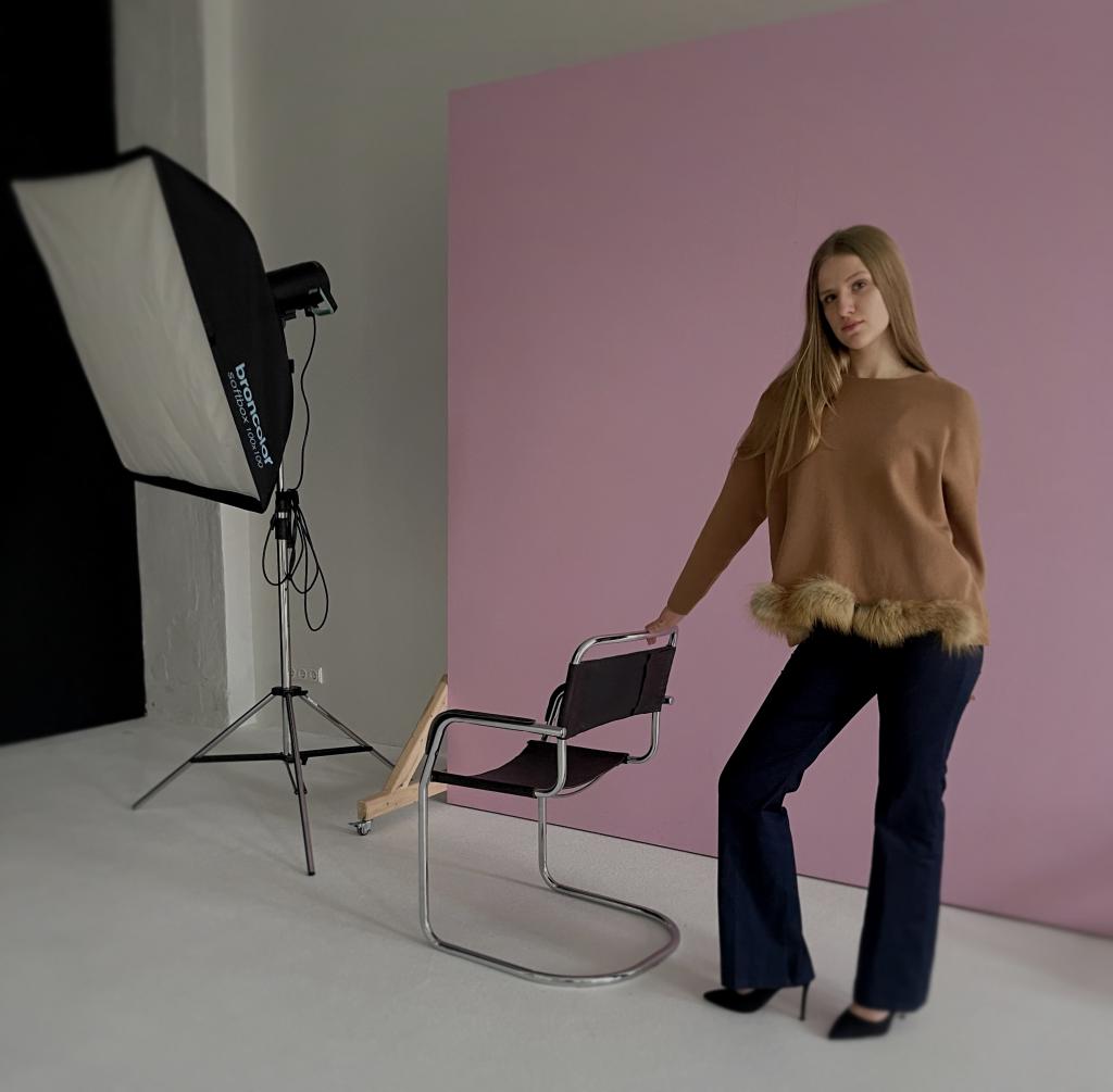 One-of-a-kind "camel" colored women's sweater with natural fur