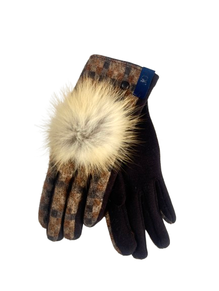 Languotos rudos spalvos, gražios pirštinės su natūralaus kailio bumbulais