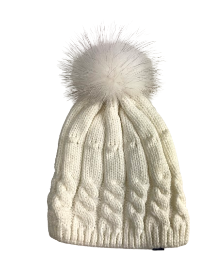 Megzta balta kepuraitė žiemai su natūralaus kailio bumbulu