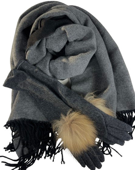 Masyvus dvipusis vilnos šalikas ir ilgos vilnos pirštines su natūraliu kailiu