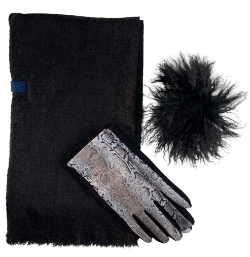 Elegantiškas juodas vilnonis šalikas su medvilninėmis pirštinėmis