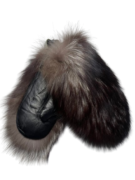 Silver fox and genuine leather mittens