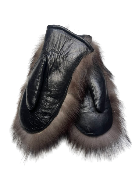 Silver fox and genuine leather mittens