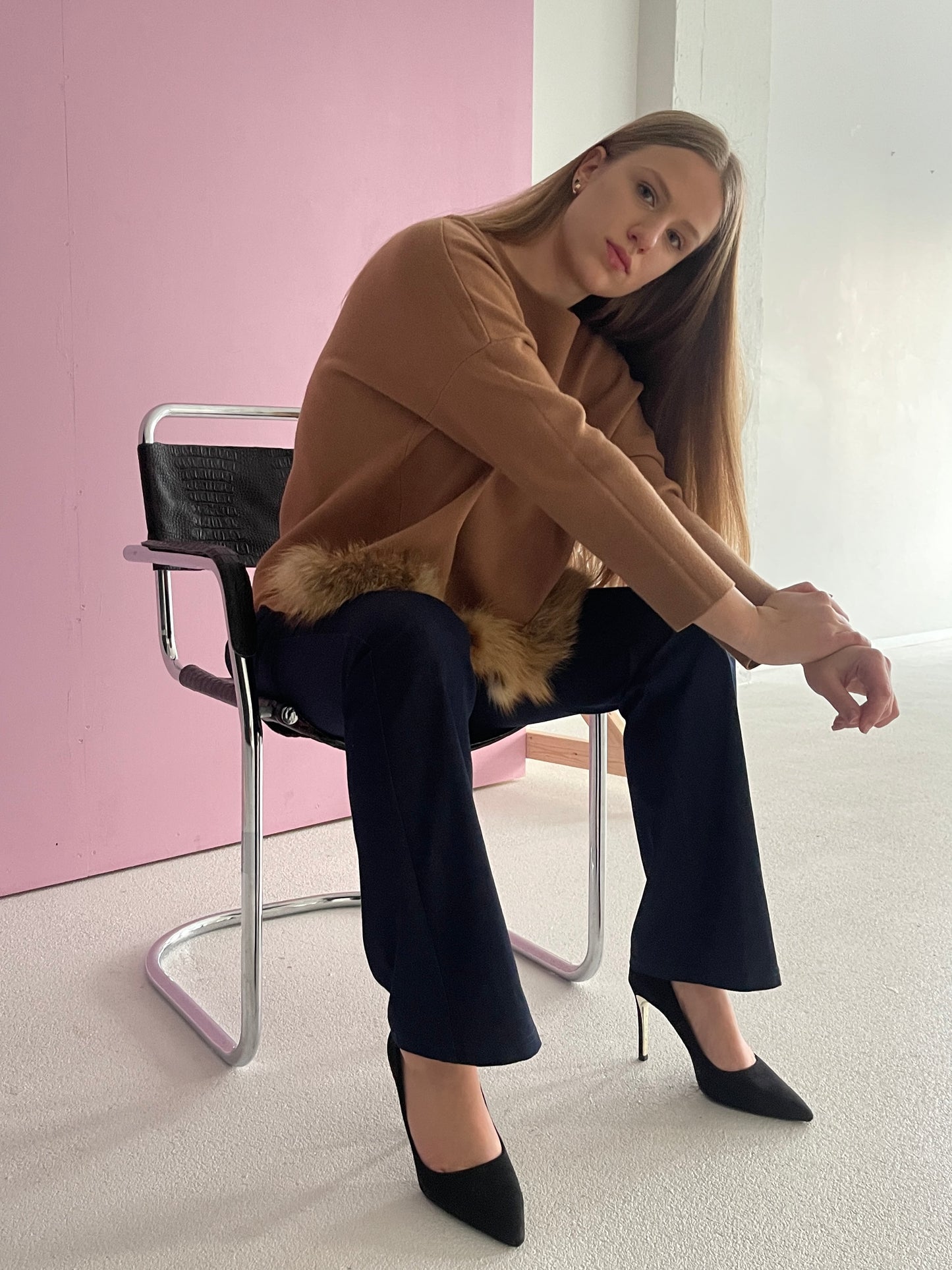 One-of-a-kind "camel" colored women's sweater with natural fur