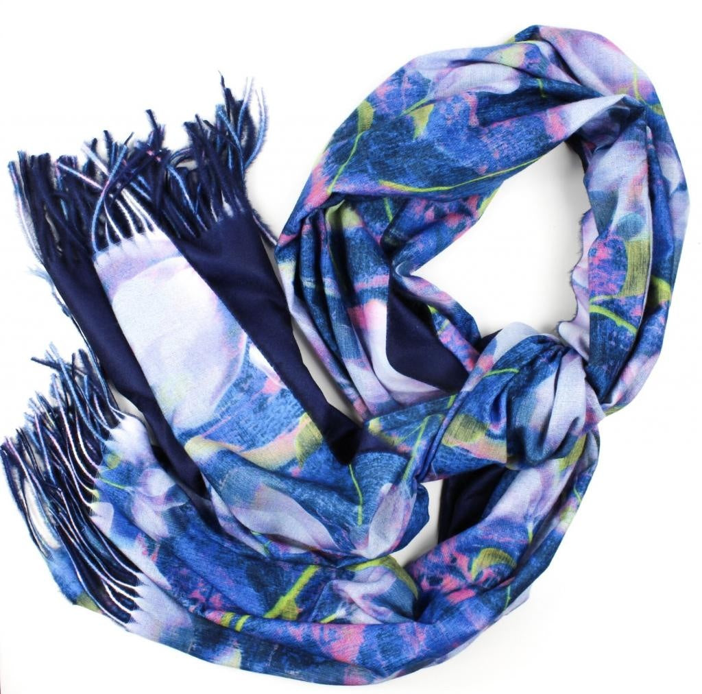 Flowers on a blue background, cashmere - based scarf