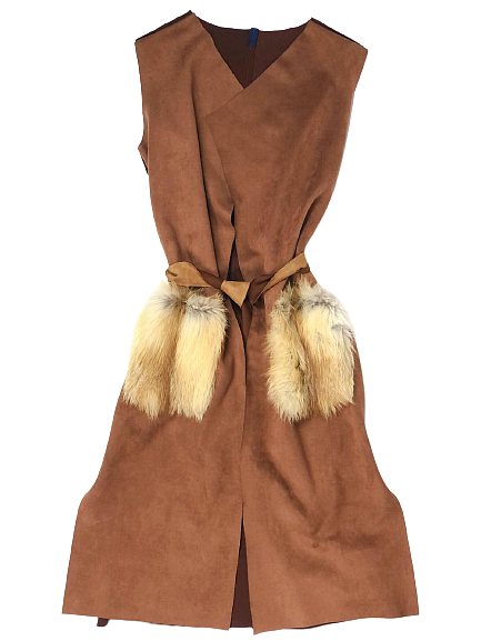 Faux leather long vest with fox fur pockets