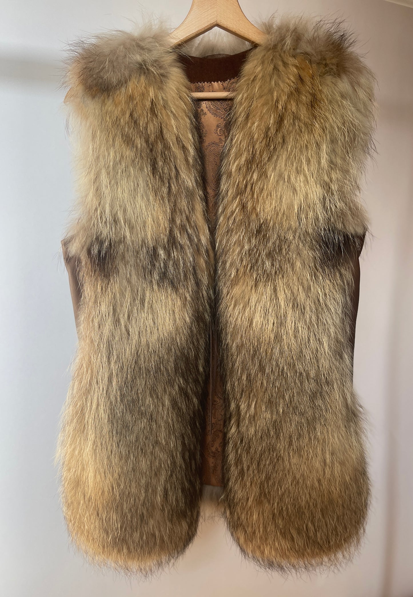 Vintage style raccoon dog vest with genuine leather inserts on the sides