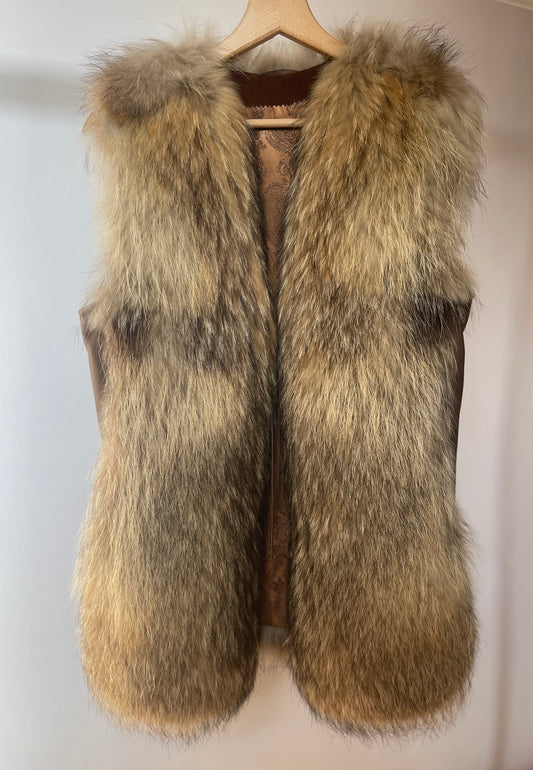Vintage style raccoon dog vest with genuine leather inserts on the sides